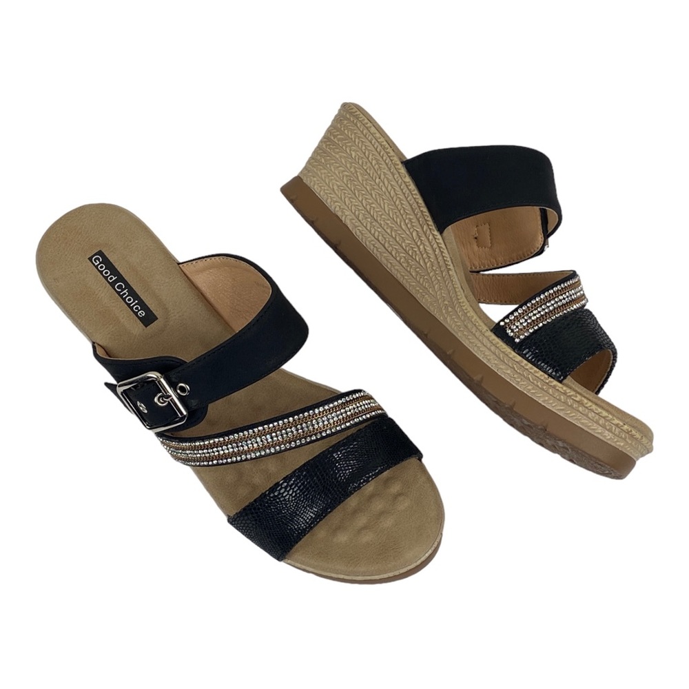 Good Choice Monika Black Faux Leather Wedge Sandals Shoes 9